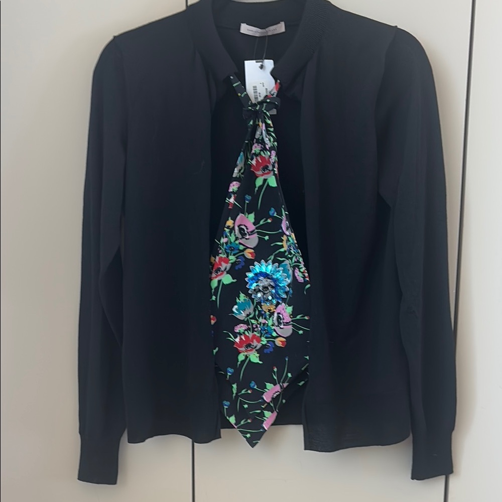 NWT | Christoper Kane Black Cardigan with Embellished Floral Scarf Tie
